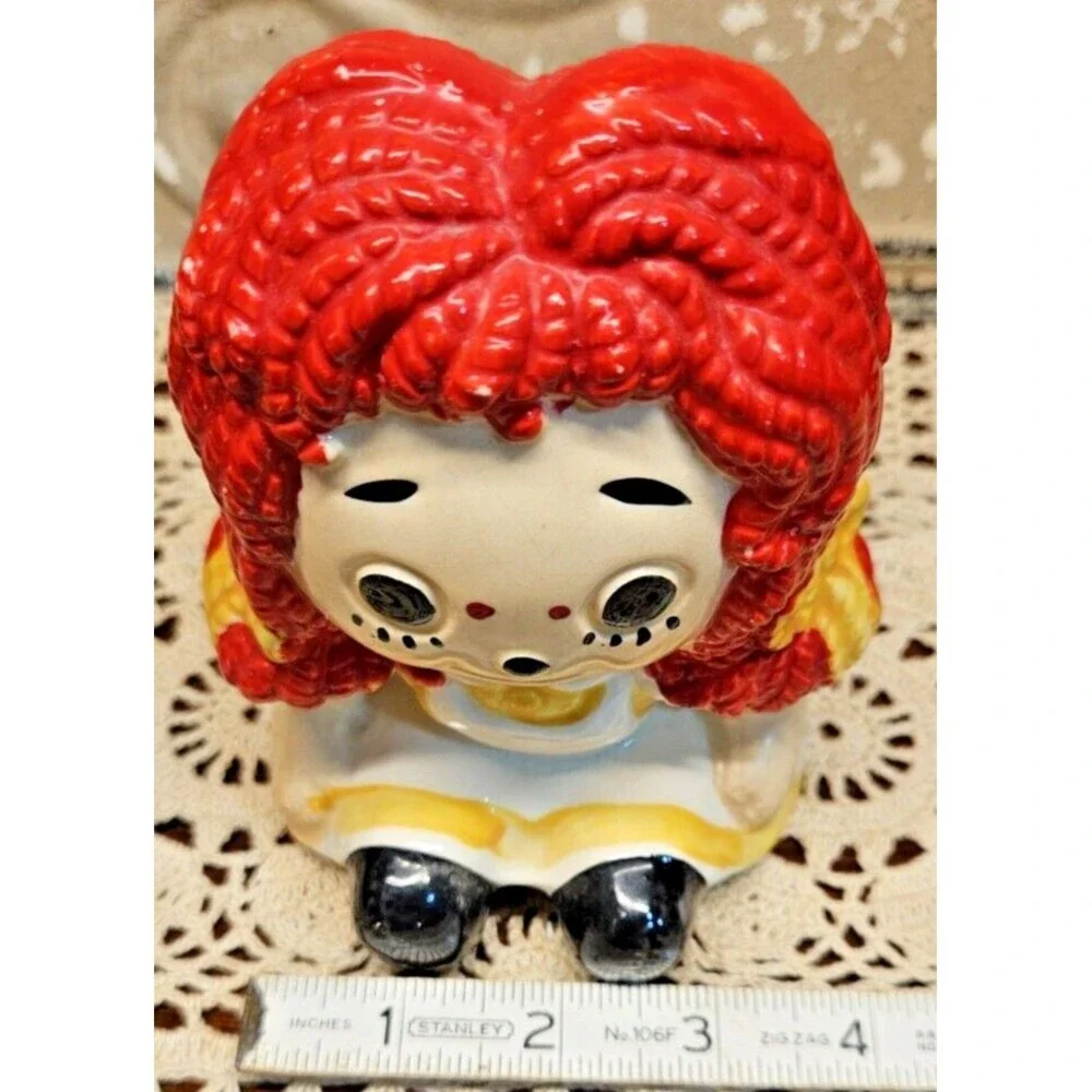Raggedy Ann Yellow Dress & Hair Bows Planter Flower Pot Inarco Japan (read)_9